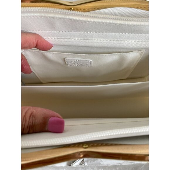 White Leather NWT Crossi Medium Faux Double Handle Handbag with Gold Accents - Picture 10 of 13